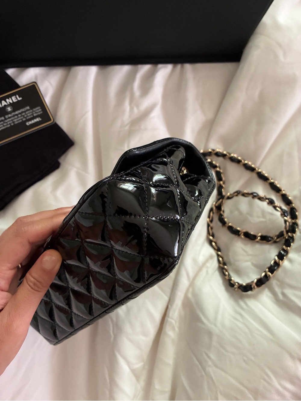 CHANEL Black Quilted Patent Leather Mini Crossbody with Gold-Tone Chain - Picture 5 of 13